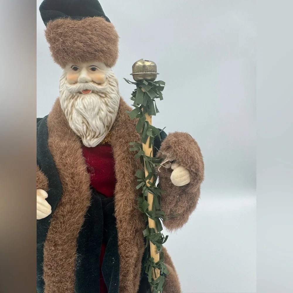 Vintage Victorian Santa Tree Topper Figure Red‎ Green Fur Trim Ceramic Face